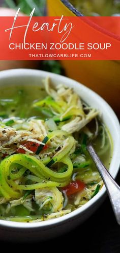 this hearty chicken zoodle soup is loaded with noodles, zucchini and vegetables