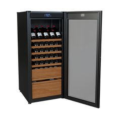 an open wine cooler with several bottles in it