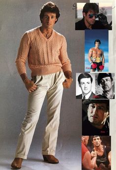 an advertisement for men's sweaters and pants with pictures of the same man