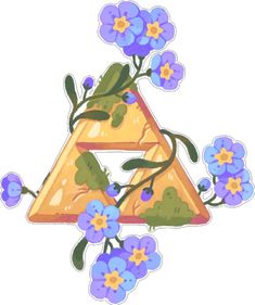 a triangle shaped sticker with blue and yellow flowers on it's bottom corner