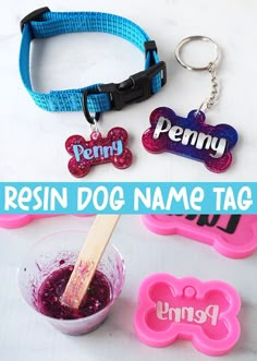 two personalized dog tags and a bowl of food with a wooden spoon in it