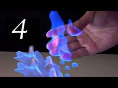 two hands are shown with blue light coming out of them, and one hand is holding something