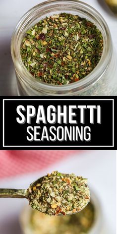 a spoon full of seasoning next to a jar filled with spices and the words spaghettii seasoning