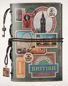 an old book with stamps on it and a leather strap around the cover is shown