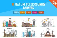 flat line color country banners with buildings, ferris wheel and ferris wheel on white background