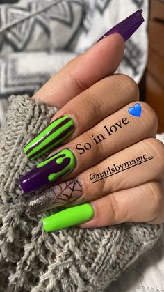 Like Green And Purple Nails, Green Purple And Black Nails, Purple Green Orange Nails, Orange Purple Green Nails, Neon Purple And Green Nails, Green And Purple Acrylic Nails, Halloween Neon Nails, Orange Black Purple Green Halloween Nails, Purple And Green Nail Ideas