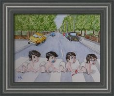 a painting of the beatles in front of a yellow car on a street with trees and cars