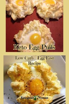 three different types of eggs on top of each other with the words keto egg puffs