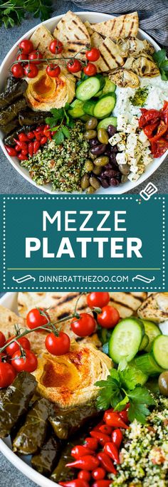 two plates filled with different types of food and the words mezze platter