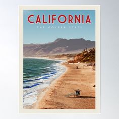 a poster with the words california in red, white and blue on it's beach