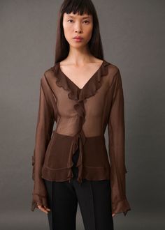 Semi-transparent ruffled blouse - Women | MANGO USA Brown Blouse Outfit, Fall Blouse, Brown Blouse, Ruffled Blouse, Jcrew Collection, Technology Fashion, Chiffon Long Sleeve, Gauze Fabric, Blouse Outfit