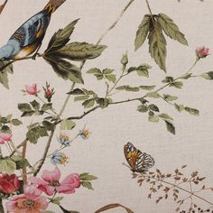 a painting of birds and flowers on a white background with butterflies flying around the branches