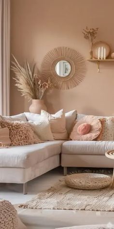 a living room filled with lots of furniture next to a wall mounted clock and window