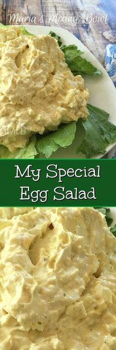 egg salad on a white plate with green leafy garnish and the words, my special egg salad