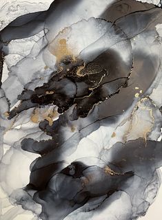 an abstract painting with black and gold paint on it's surface, in the middle of