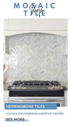 a stove top oven sitting inside of a kitchen next to a white counter top with herringbone tiles on it