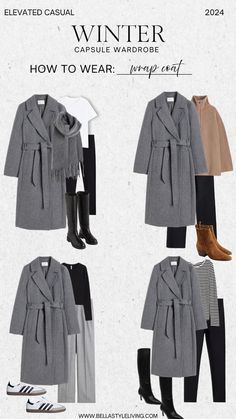 Wrap Coat Outfit, Grey Wrap Coat, Grey Coat Outfit, Edgy Fall Outfits, Grey Winter Coat, Winter Coat Outfits, Winter Wardrobe Essentials, Capsule Wardrobe Work, Capsule Wardrobe Essentials