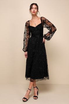 You'll twirl your way into everyone's heart in the Lulus Darling Charisma Black Mesh Embroidered Midi Dress! Elegant floral embroidered mesh shapes a sweetheart neckline (with hidden no-slip strips) and sheer, long balloon sleeves (with elasticized shoulders and cuffs) that can be styled on or off the shoulders. A tying sash belt punctuates the high waist that sits atop a flowy skater skirt that ends at a chic midi hem. Hidden back zipper/clasp. Fit: This garment fits true to size. Length: Mid-calf length. Size medium measures 48.5" from shoulder to hem. Bust: Great for any cup size. Waist: Fitted - very fitted at natural waist. Hip: Not Fitted - fuller skirt allows room for hips. Undergarments: May be worn with a strapless bra, adhesive bra, petals, or no bra. Fabric: Fabric has no stretc Black Plus Size Wedding Guest Dress, Celestial Midi Dress, Long Sleeve Black Dress Midi, Modern Formal Dresses For Women, Fall Formal Midi Dress, Formal Alt Dress, Winter Guest Dress Wedding, Mid Size Fall Dress, Unconventional Mother Of The Bride Dress