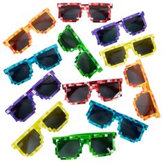 six pairs of sunglasses with different colors and designs on the lens, all made out of legos