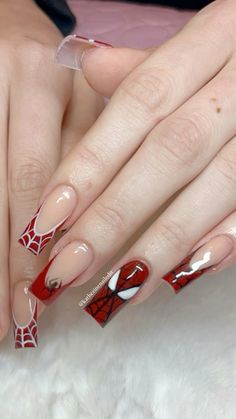 Nail Ideas Acrylic Spiderman, Spiderman Nails French Tip, Basic Spiderman Nails, Spider Man Nails Coffin, Blue Spider Man Nails, Nail Ideas Mid Length, Nails Ideas Spiderman, Friends Inspired Nails, Red Nails Spiderman