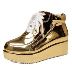 Womens Patent Sneakers Platform Wedge Lace Up Chelsea Ankle Sneakers Shoes - Gold - CM186E50I8M - Women's Shoes, Oxfords  #Oxfords #Women's #Shoes # #Oxfords Trendy Lace-up Wedge Boots For Streetwear, Trendy High-top Wedge Boots For Spring, Trendy Lace-up Platform Wedge Boots, Wedge Sneakers With Chunky Platform And Round Toe, Spring High-top Platform Wedge Boots, Lace-up Synthetic Wedge Boots For Spring, Casual High-top Wedge Boots For Spring, Trendy High-top Wedge Sneakers With Height Increasing Feature, Trendy High-top Height Increasing Wedge Sneakers