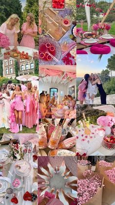 a collage of photos with pink and white decorations on them, including flowers, hearts,