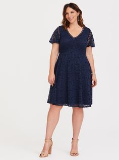 Navy Lace V-Neck Mini Dress - Eyelet insets break up the allover lace construction of a navy mini dress that's fitted yet figure flattering. Blue Maid Of Honor Dress, Casual Everyday Dresses, Baby Doll Dresses, Maid Of Honor Dress, Bridesmaid Attire, Navy Lace, Dresses Outfits, Everyday Dresses, Dress Plus Size