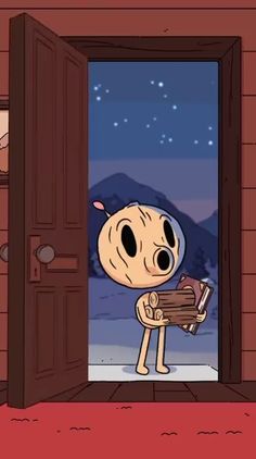 a cartoon character holding a stack of books in front of an open door with mountains in the background