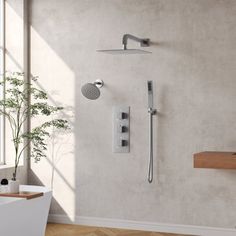 a white bath tub sitting under a window next to a wooden shelf with plants in it