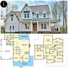 two story house plan with large front porch and open floor plans for the first level