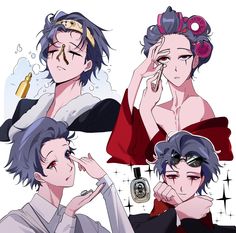 three anime characters with different hair styles and makeup looks like they are talking to each other