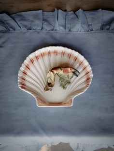 a bird is perched on the underside of a shell shaped bed frame with blue sheets