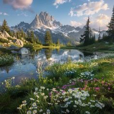 a mountain lake surrounded by wildflowers and pine trees