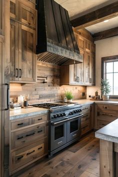 a large kitchen with wooden cabinets and stainless steel stove top oven in the center of the room