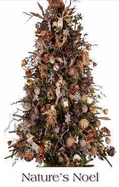 a christmas tree decorated with dried leaves and other decorations is featured in the nature's noel magazine