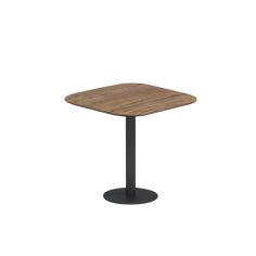 an image of a square wooden table with black metal base and round pedestals on white background