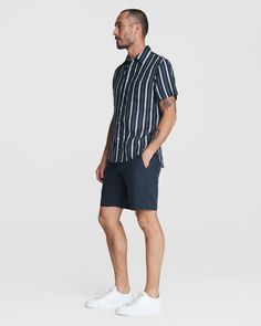 Crafted from 100% cotton, Gus is a relaxed fit button down with front pocket, metal buttons down the center front and Italian twill details. rag & bone Men's Classic Fit Button Down Shirt | Navy Stripe, 2XL (also in S). Striped Linen Shirt, Stripe Shirt, Navy Stripes, Metal Buttons, Rag & Bone, Striped Shirt, Front Pocket, Mens Short, Button Down Shirt