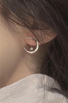 A woman wearing crescent moon ear jacket earrings. Jacket Earrings, Moon And Star Earrings, Ear Party, Unique Jackets, Moon Studs, Earring Jackets, Dainty Studs, Earring Gold, Ear Jacket