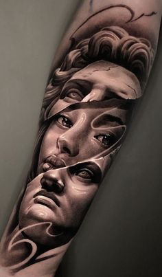 a man's arm with tattoos on it and an image of his face in the middle