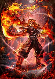 an anime character with fire and flames around him