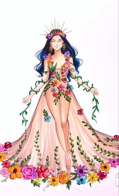 a drawing of a woman with flowers on her dress