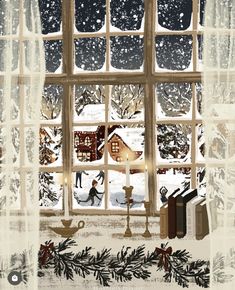 a snowy scene is seen through an open window with books on the windowsills