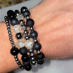 Gorgeous Stackable Bead Bracelets. Set Of 4 Black, Matte Black, Silver, Clear Mix And Match Or Wear Them All. Handmade My My 8 Year Old So They Do Have Knots. Stretchy. One Size Fits Most Cool Present Gift For Girlfriend