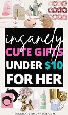 a poster with the words insanely cute gifts under $ 10 for her