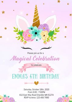 a unicorn birthday party card with flowers and an unicorn's head on the front