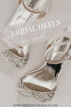 A photo of Badgley Mischka bridal heels in silver and white with the text reading "Bridal Heels on sale" overlaid at the top. Bridal Outfit, Bridal Heels, Sandal Heels, Big Wedding, Instagram Page, Open Toe Sandals, Bridal Outfits