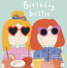 two women wearing heart shaped sunglasses and holding drinks with the words, birthday bestie