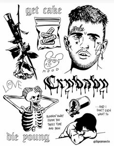 an ink drawing of a man's face and various tattoos