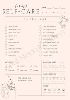 a printable self care checklist for women with flowers on the top and bottom