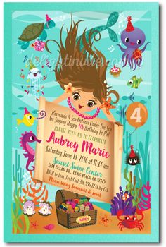 this darling "Under the Sea" Mermaid theme invitation is perfect for your upcoming Mermaid inspired swim party! This is also a great idea for a birthday party at an aquarium. Expertly printed on metallic shimmer paper and artfully hand mounted on gorgeous sparkly aqua blue card stock, this mermaid party invite is stunning in person! Truly unique and a must have for a mermaid theme party. Mermaid Invitations, Mermaid Swimming, Happy 4th Birthday, Mermaid Birthday Invitations